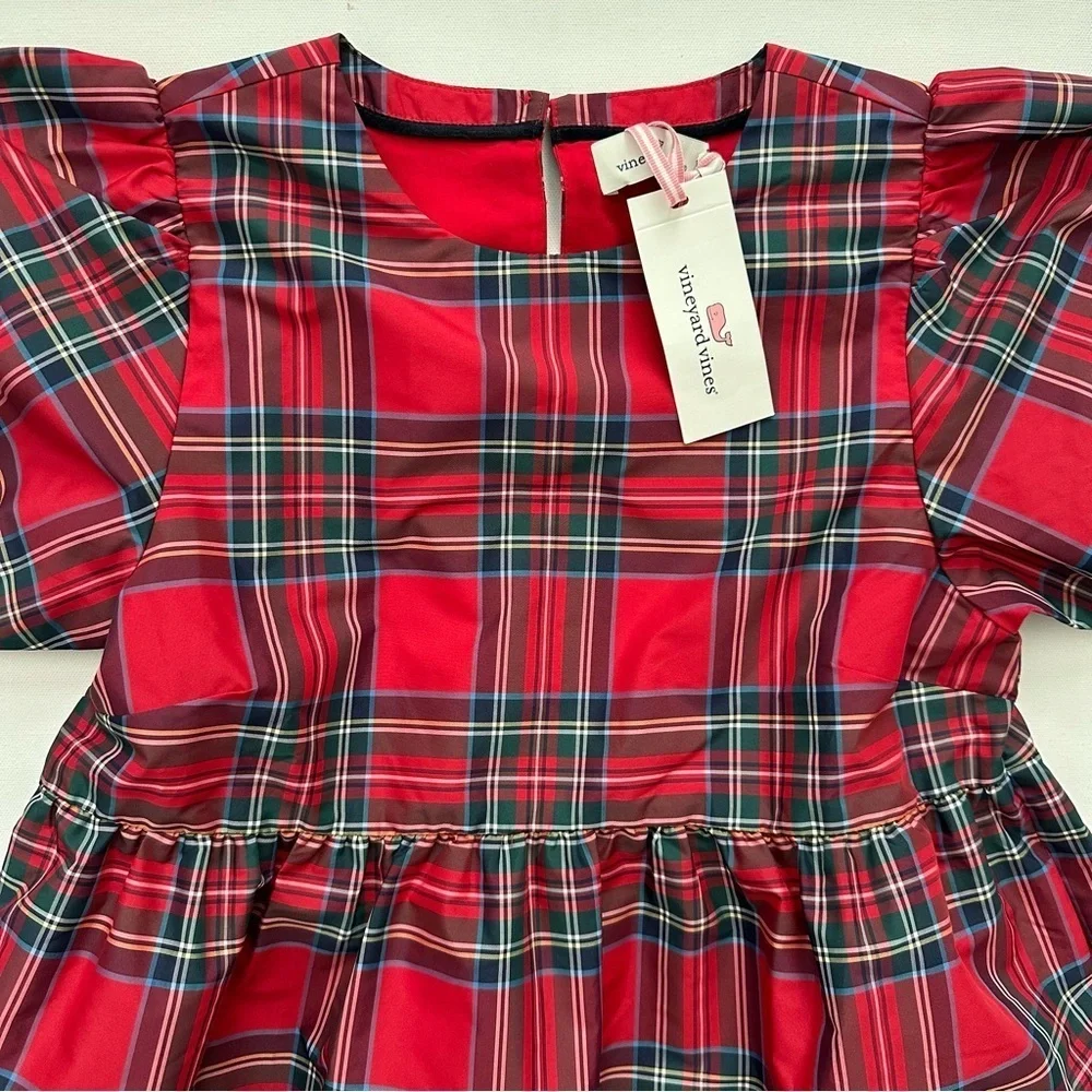 VINEYARDS VINES Girl's Plaid Taffeta Puff Sleeve Dress Size M